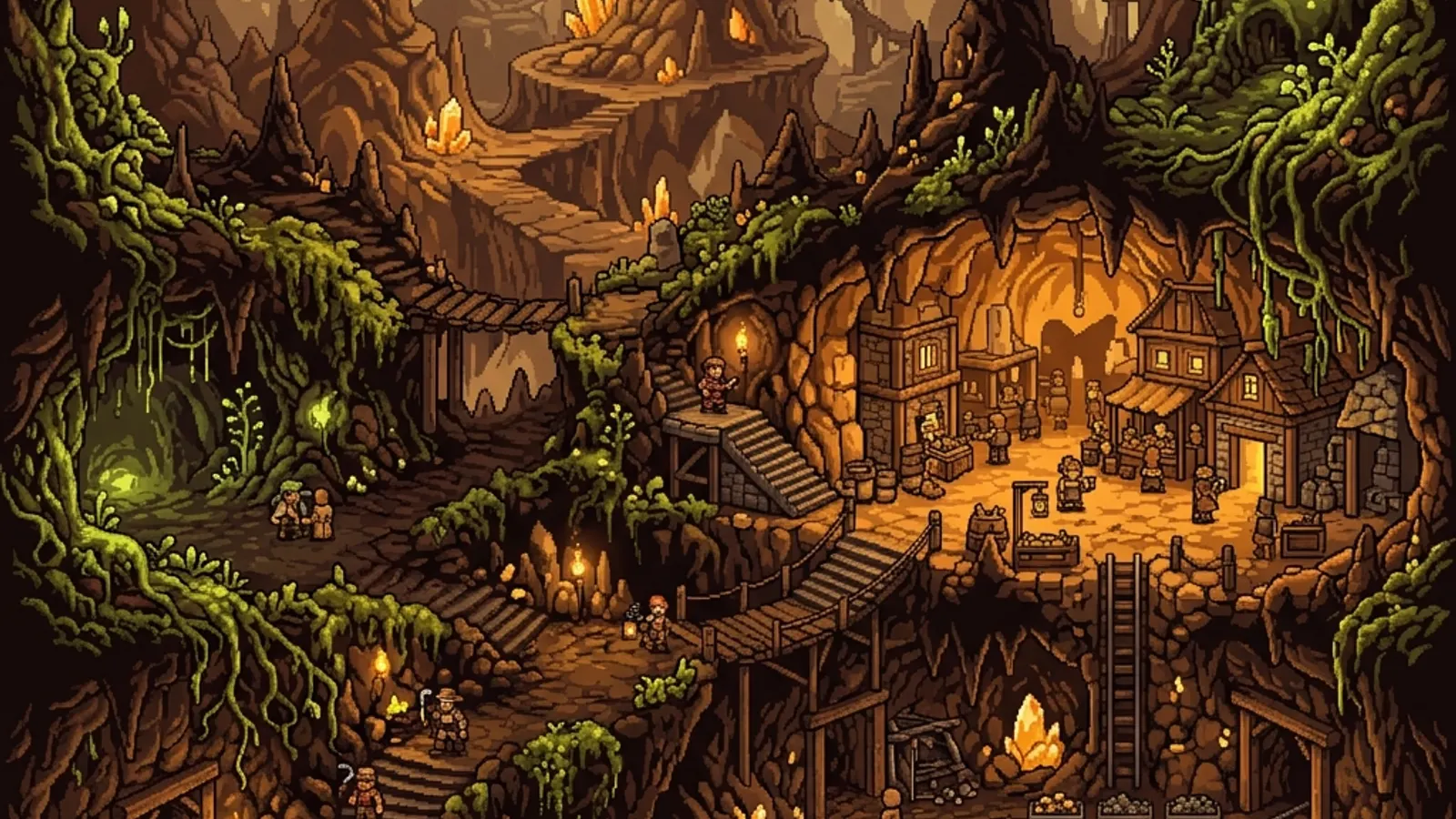 A crowned ant overlooks glowing hexagonal chambers in a warm underground colony.