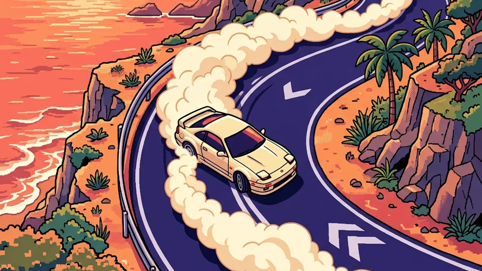 A compact racing car drifts around a glowing corner beneath a saturated sunset sky.