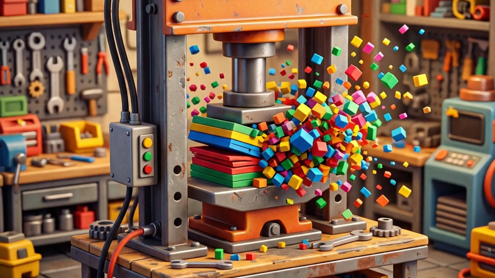A hydraulic press bursts through a colorful voxel object as cubes scatter across the workshop.